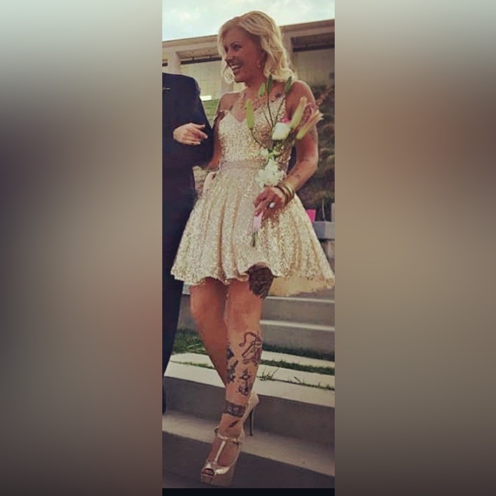 La Femme Sequin Embellished Gold Dress